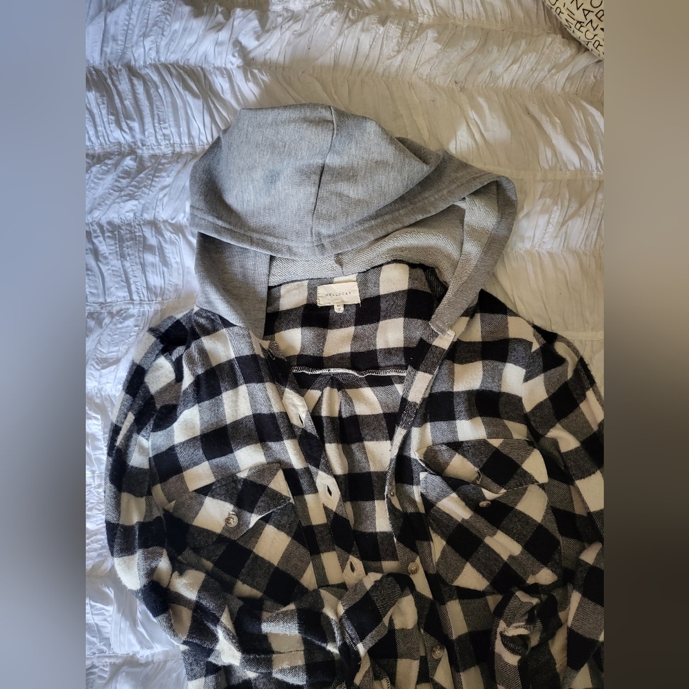 Buffalo plaid button up with grey hood